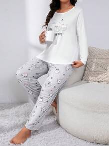 大码卡通印花长袖上衣和裤子睡衣套装，秋冬服装