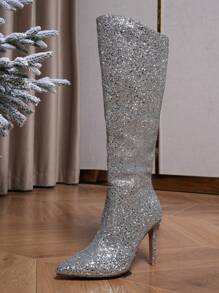 Women's Knee-high Silver Boots, Shiny & Sparkly Boots For Evening Party - Silver - View 5