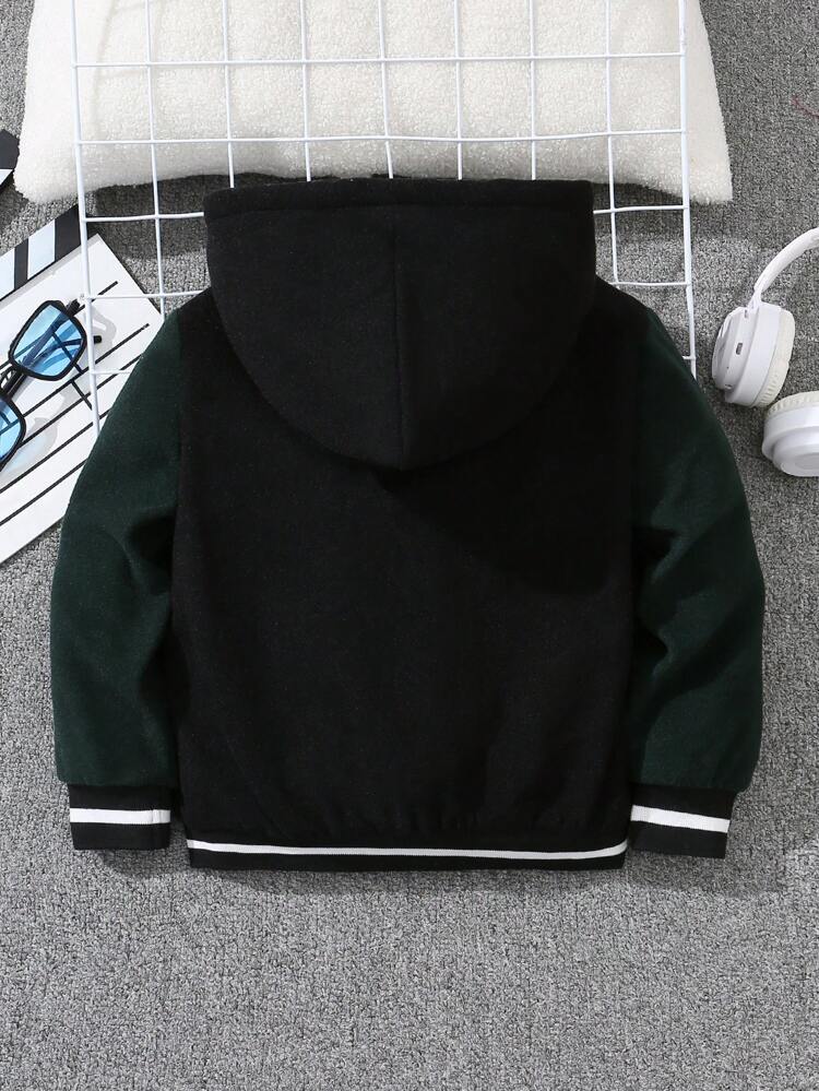 Young Boy Letter Graphic Teddy Lined Hooded Overcoat