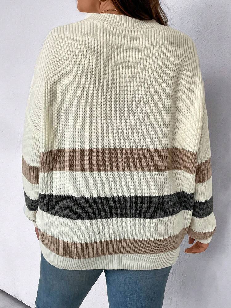 Plus Striped Colorblock Drop Shoulder Sweater