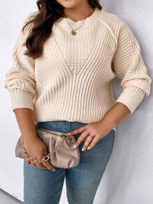 SHEIN LUNE Hơn Tay Raglan Đồ đan Ribbed Áo len - Màu be - Xem 6