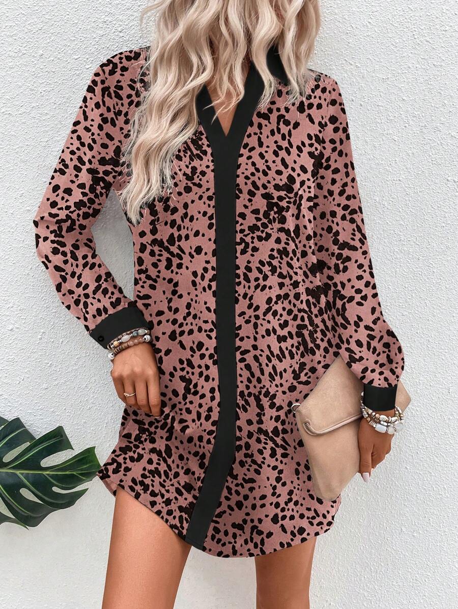 SHEIN LUNE 滿版印花拼接邊直筒洋裝 - 粉色 - 查看 1