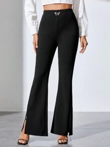 SHEIN Tall Butterfly Detail Split Hem Flare Leg Pants - Black - View 1