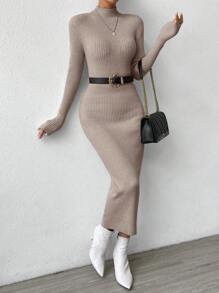 SHEIN Privé Mock Neck Ribbed Knit Sweater Dress - Grey - View 4