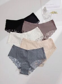 5pack Polka Dot Print Contrast Lace Brief Lingerie