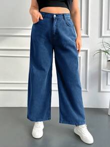 RueChic Jeans a vita alta con gamba ampia, taglie comode - Blu - Visualizzare 3