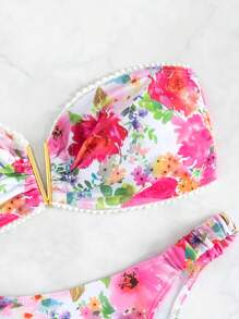 Swim Vcay Summer Beach Floral Print Bandeau Bikini Set - Multicolor - View 4