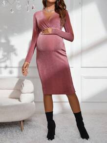 SHEIN Maternity Surplice Neck Bodycon Dress - Pink - View 5