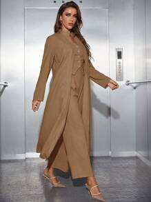 Modelyn Solid Tank Top & Wide Leg Pants & Coat - Coffee Brown - View 3