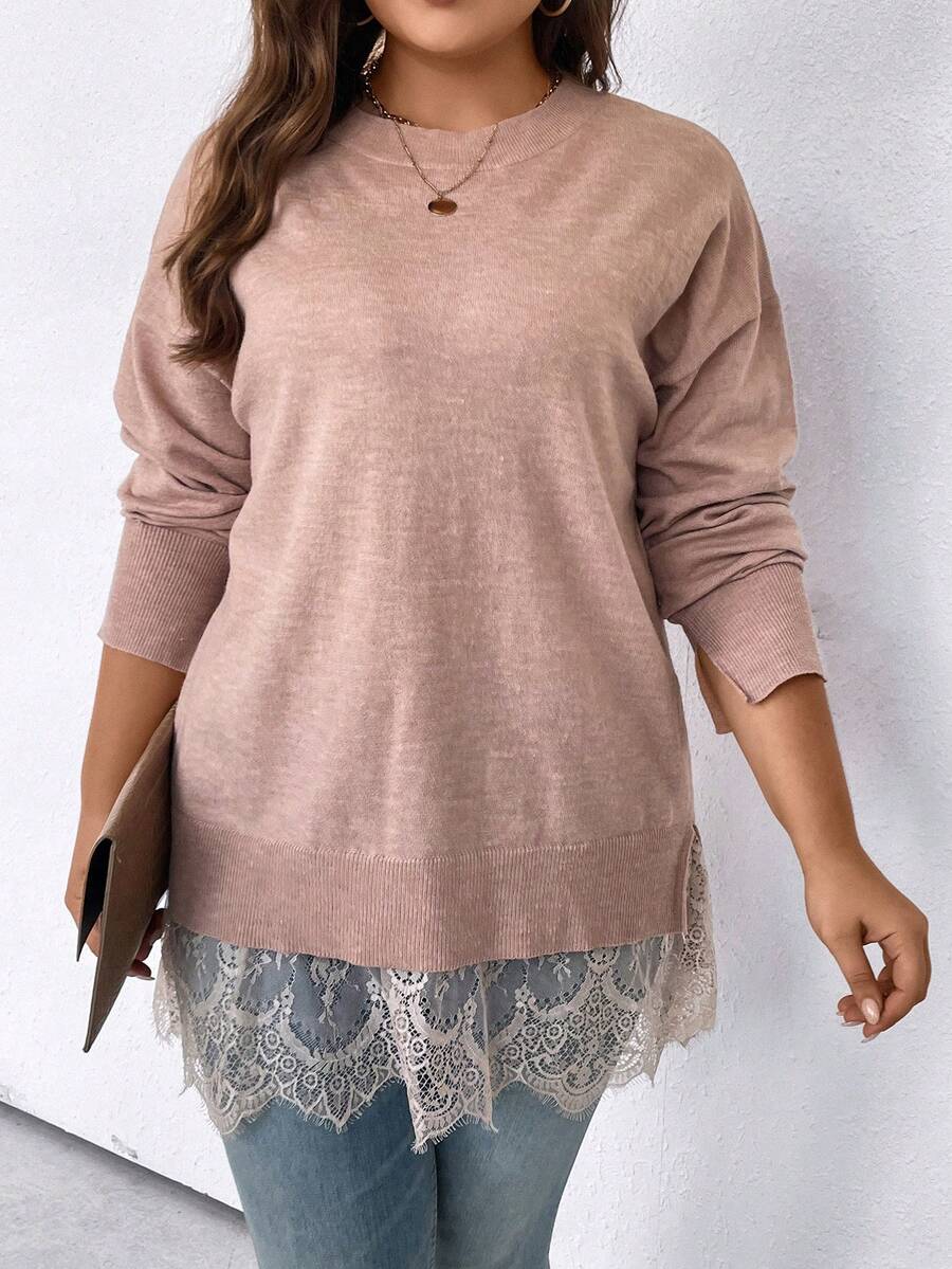 SHEIN Clasi 大碼蕾絲拼接落肩袖下擺開叉套頭毛衣 - 珊瑚粉 - 查看 1