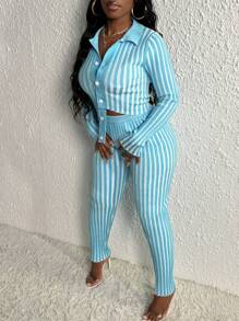 Slaydiva Striped Pattern Cardigan & Knit Pants - Multicolor - View 3