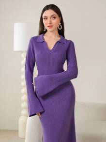 Modelyn Solid Flare Sleeve Ribbed Knit Sweater Dress Without Belt - Purple - View 3