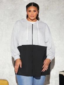 SHEIN CURVE+ Áo nỉ hai tông màu cỡ lớn, vai rớt, có dây rút - Đen và trắng - Xem 1