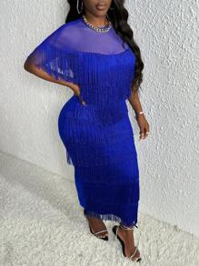 Slaydiva Fringe Trim Mesh Yoke Dress - Royal Blue - View 5