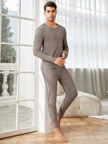 Men Solid Thermal Underwear Set - Brown - View 5