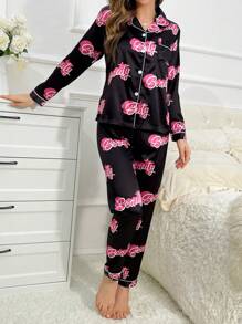 Letter Graphic Contrast Piping Satin PJ Set / Pajama Set, Fall Clothes Cozy And Elegant Details, Winter - Black - View 6