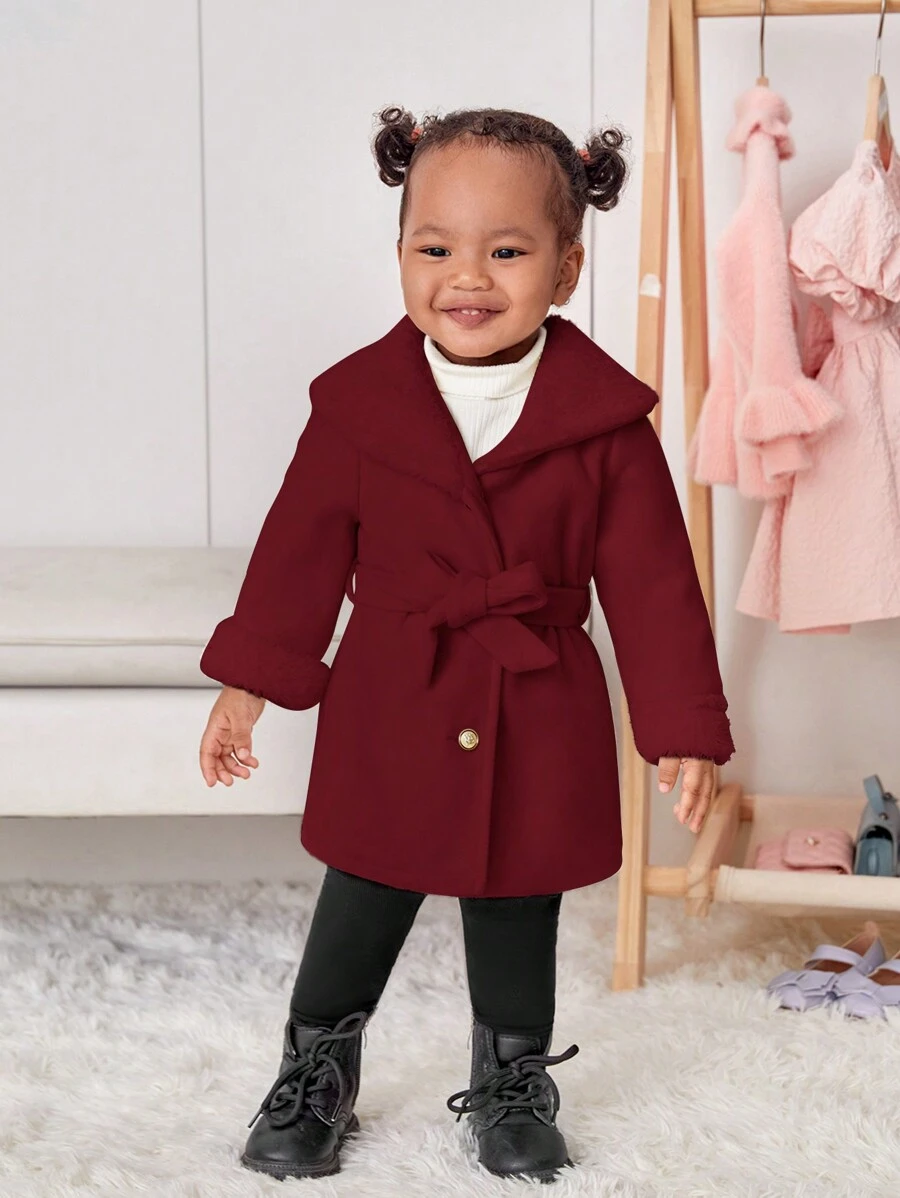 SHEIN Baby Girl Solid Belted Coat - Burgundy - View 1