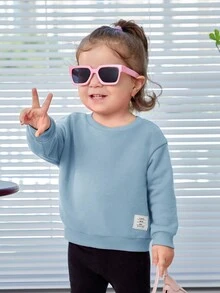 SHEIN 女嬰字母補丁細節標語圖案運動衫 - 藍色 - 查看 3