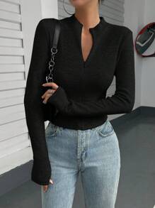 SHEIN Essnce Solid Notched Neck Tee - Black - View 7