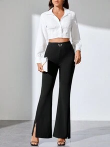SHEIN Tall Butterfly Detail Split Hem Flare Leg Pants - Black - View 4