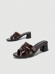 Women Fashion Brown Thick Heel Round Toe Mule Slide Sandals, Versatile Summer New Arrival - Brown - View 5