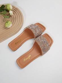 2025 New Luxury Slip-Resistant Outdoor Vacation Beach Comfortable Versatile Rhinestone Pearl Flat Slide Sandals, Square Toe, Mule, Indoor Home Daily Wear, Korean French Style, Large Size 41-43 Women,Spring Summer Outfits - Brown - View 5