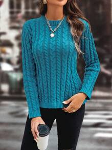 SHEIN Privé Jersey unicolor tejido de cable - Agua verde azul - Ver 4