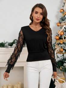 SHEIN Privé 拼接網紗袖上衣 - 黑色 - 查看 3