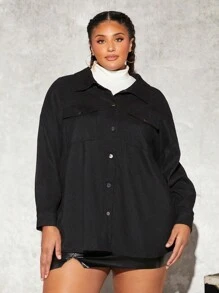 SHEIN CURVE+ Women's Plus Size Flip Pocket Shirt - Black - View 4