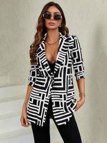 SHEIN Essnce 幾何印花開門襟西裝外套 - 黑與白 - 查看 7