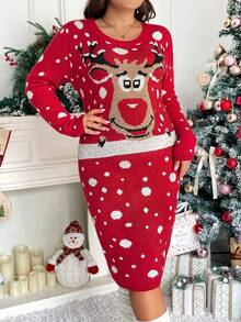 SHEIN Frenchy Plus Christmas Pattern Sweater Dress - Red - View 4