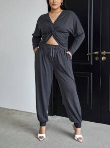 SHEIN Essnce Plus Twist Front Drop Shoulder Tee & Drawstring Waist Sweatpants - Dark Grey - View 4