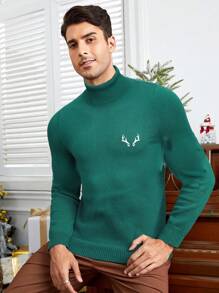 GENTILAND 男士鹿角刺繡高領套頭毛衣 - 綠色 - 查看 1