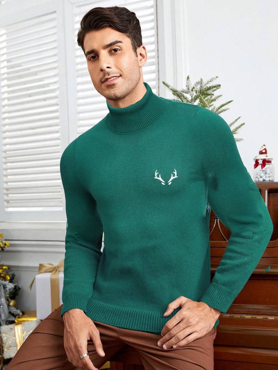 GENTILAND 男士鹿角刺繡高領套頭毛衣 - 綠色 - 查看 1