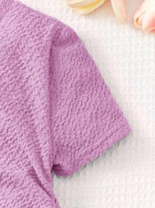 SHEIN Tween Girl Casual Solid Color Round Neck Short Sleeve Dress With Pleated Hem And Side Knot Detail, - Lilac Purple - View 4