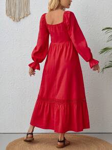 SHEIN VCAY 方領喇叭袖荷葉邊洋裝 - 紅色 - 查看 2