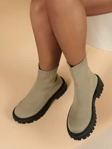 女士针织时尚靴子、2023年新款女士踝靴、女士黑色厚底高跟时尚靴子、女士秋冬靴子、女士户外战斗靴、女士性感黑色靴子、女士万圣节踝靴、女士厚底靴子、女士度假季厚底高跟靴子 - 杏色 - 查看 7