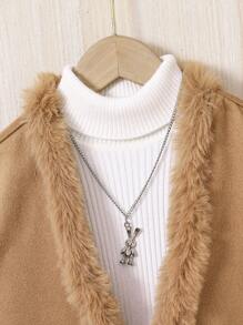 SHEIN Tween Girl 1pc Fuzzy Trim Open Front Overcoat - Khaki - View 4