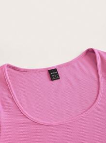 SHEIN BASICS Top crop de cuello scoop tejido de canalé - Rosa - Ver 3