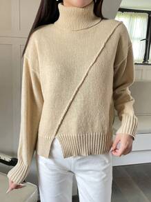 Chiquease Turtleneck Drop Shoulder Split Hem Knit Pullover Fall Winter Sweater - Apricot - View 4