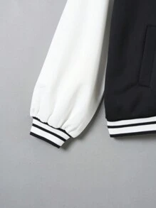 SHEIN EZwear Plus Letter Patched Striped Trim Drop Shoulder Varsity Jacket - Black - View 3