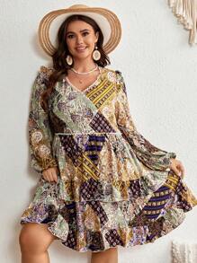SHEIN VCAY Talla grande Vestido con estampado de retazo de manga farol bajo a capas - Multicolor - Ver 6