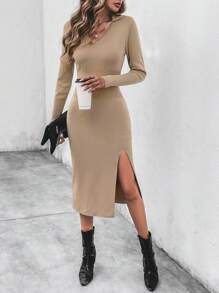 Chiquease Vestido de punto unicolor de muslo con abertura tejido de canalé - Caqui - Ver 4