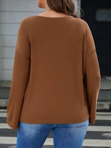 SHEIN LUNE Hơn Đường viền cổ có rãnh Áo thun Thả vai - màu nâu - Xem 2