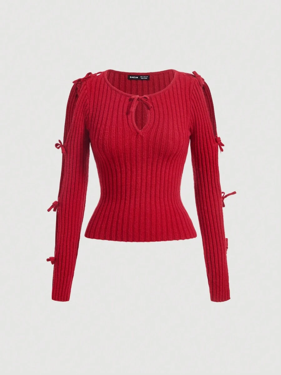 SHEIN MOD 鏤空打結細節開衩袖套頭毛衣 - 紅色 - 查看 1