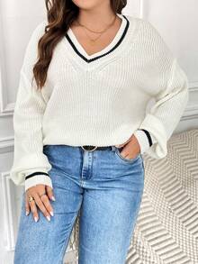 SHEIN Frenchy Kích thước lớn Khối màu Thả vai Áo len Với Đồ trang trí Và Thiết kế - trắng - Xem 6