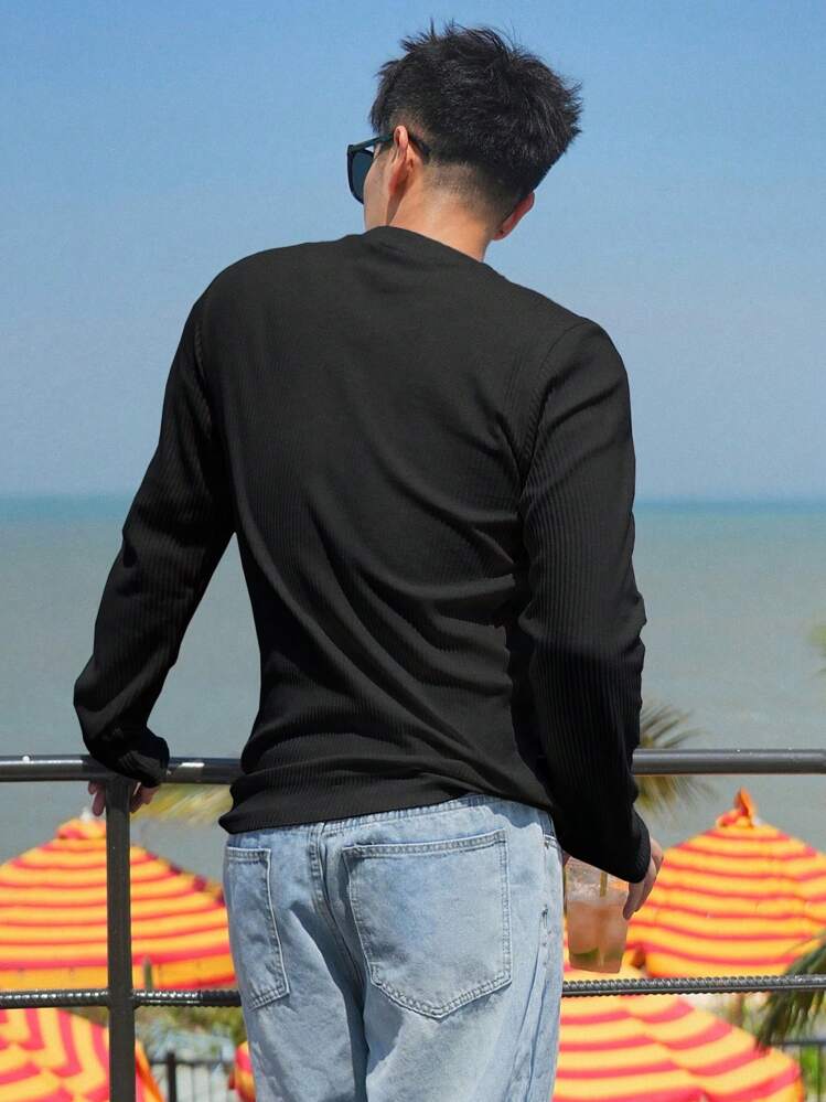 DAZY Camiseta de punto acanalado de color sólido para hombres, camisa de manga larga para hombre de otoño - Negro - Añade 2