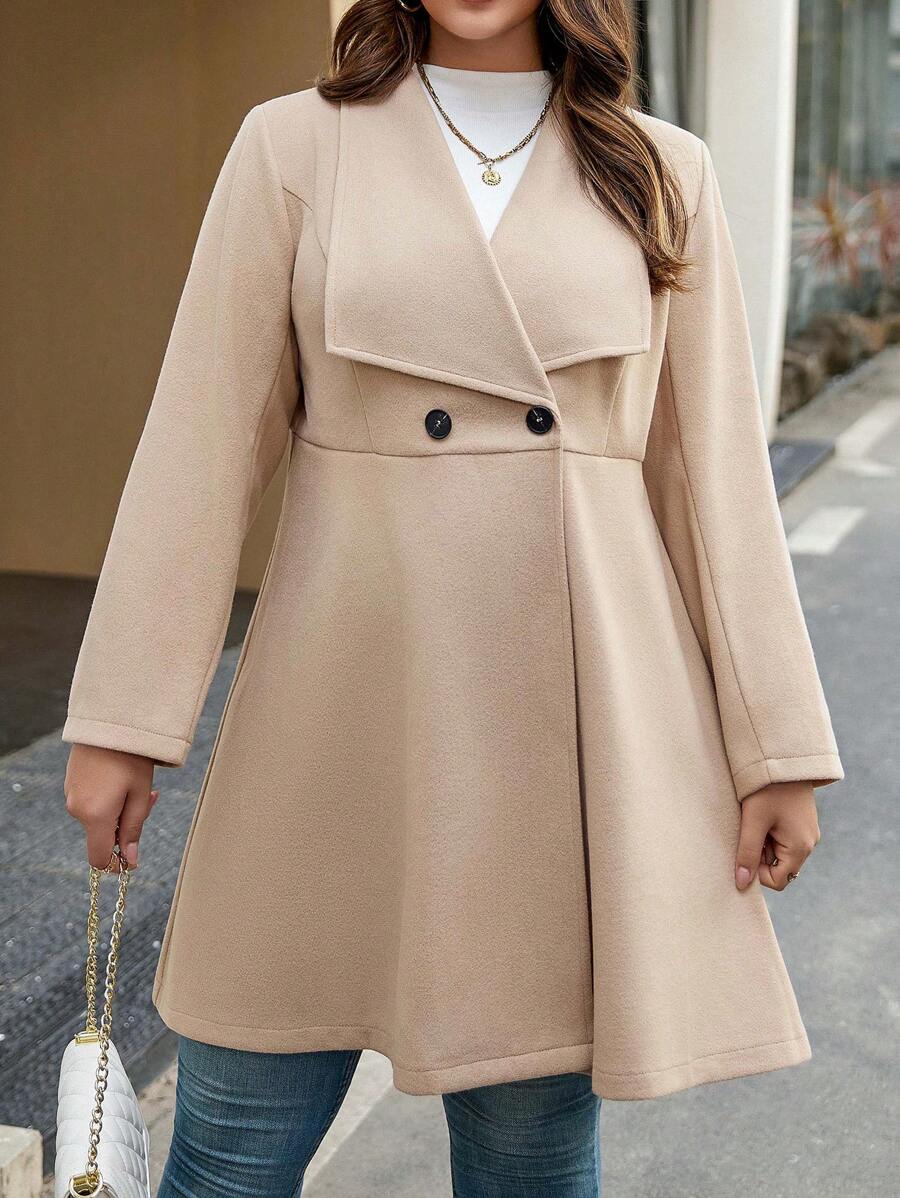 Calvaya Plus Waterfall Collar Double Button Overcoat - Apricot - View 1