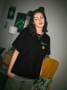 Rick and Morty | ROMWE Letter And Cartoon Figure Graphic Drop Shoulder Tee, School - Black - View 3