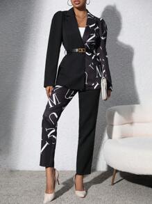 SHEIN Clasi 字母圖案西裝領西裝外套和褲子不附腰帶